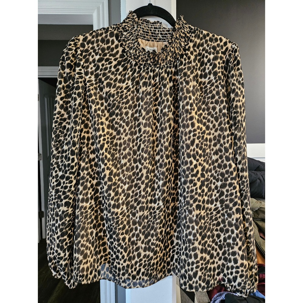 J Crew Leopard Print Smocked Neck Long Sleeve Blouse Women's XL